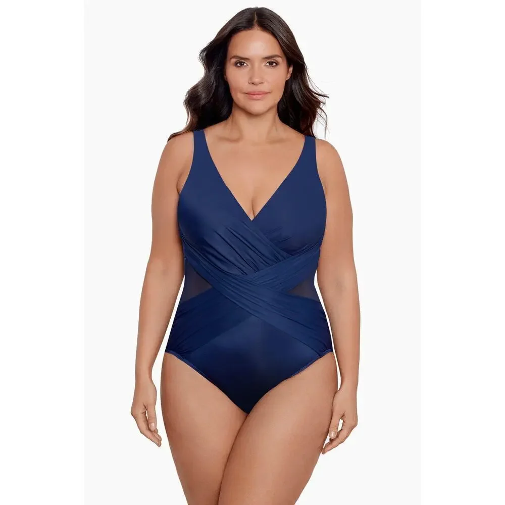 Miraclesuit Women's Crossover One Piece Swimsuit Midnight Blue Size 22W NWT